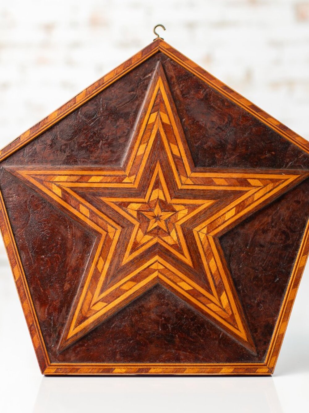 Vintage Wood Inlay Star Wall Hanging Handmade Geometric Marquetry Decor 10" - Picture 1 of 8